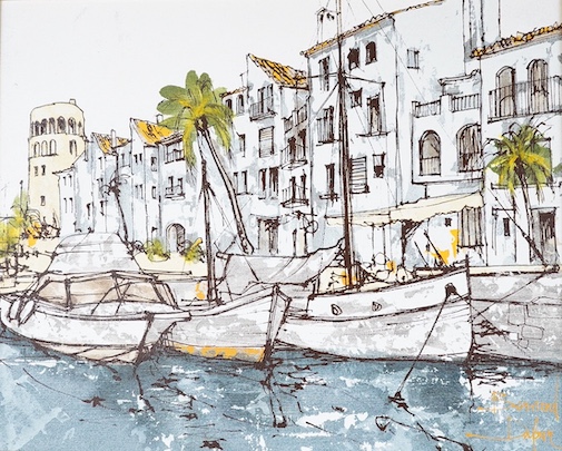 Bernard Dufour, impressionist mixed media on canvas board, Continental harbour view with boats, signed, 35 x 45cm. Condition - good